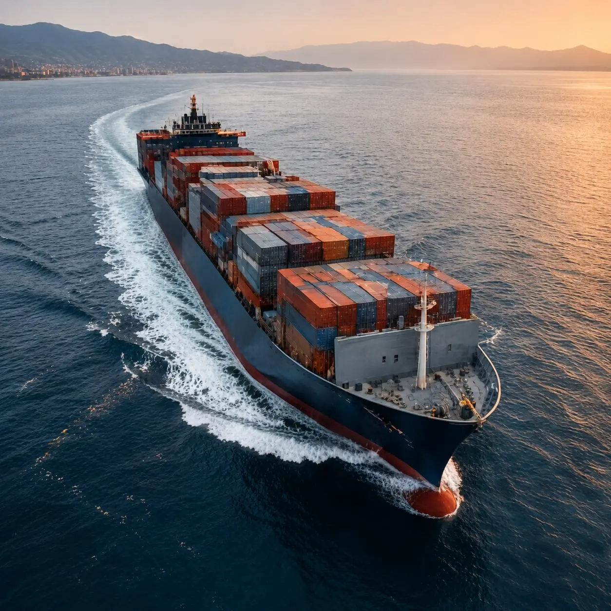 A container ship at sea carrying natural stone to Rotterdam