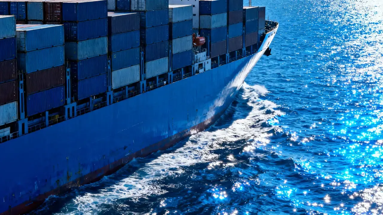 A container ship at sea carrying natural stone to Rotterdam