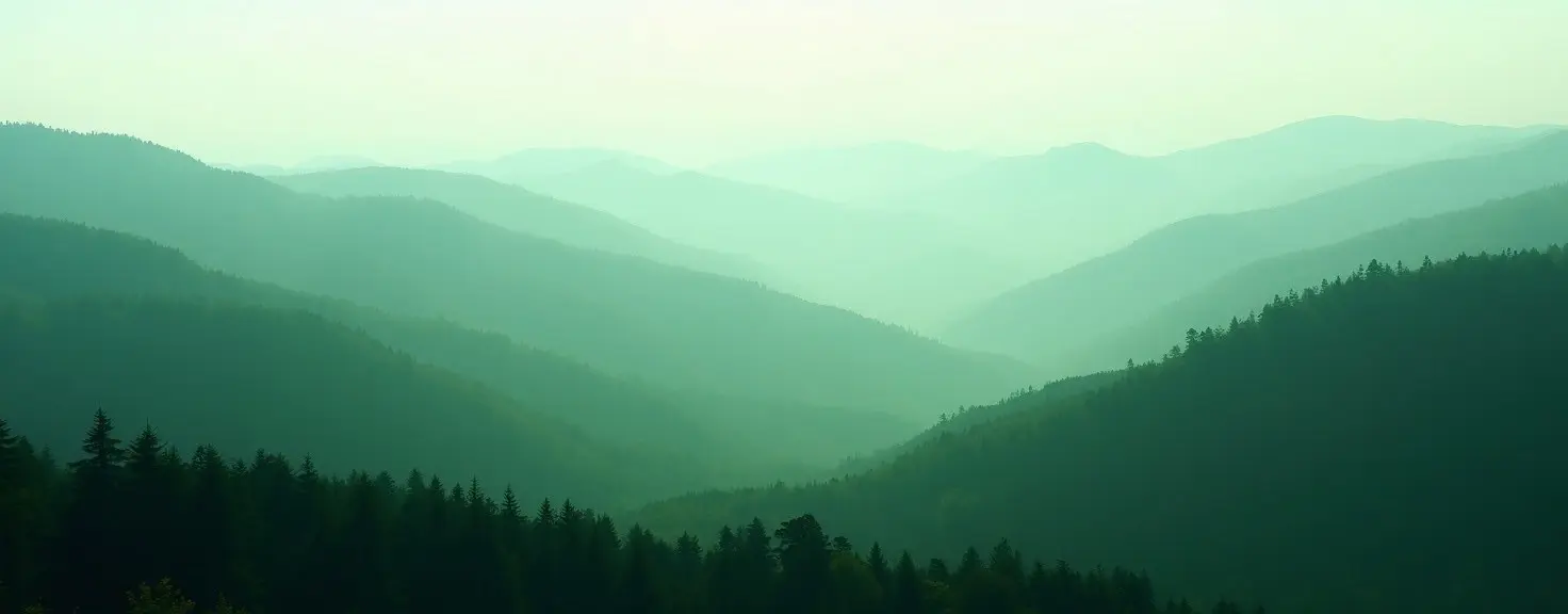 Green forested hills under soft morning mist