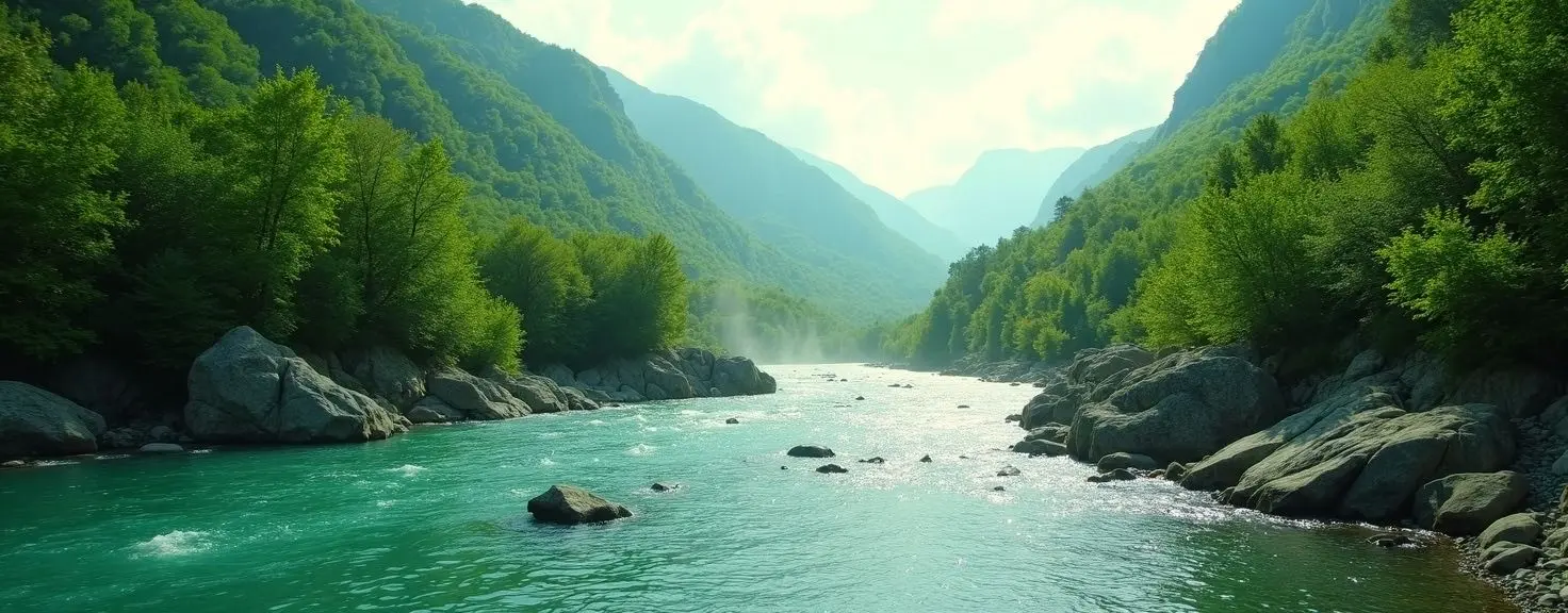 A clear river winding through a lush green valley