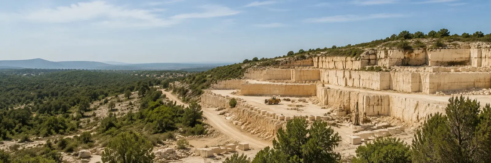 A terraced natural stone quarry reclaimed by green vegetation