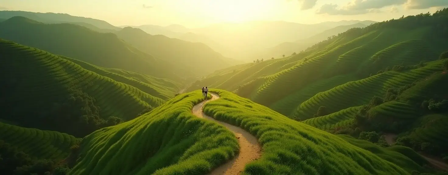 A winding path through green terraced hillsides toward the horizon