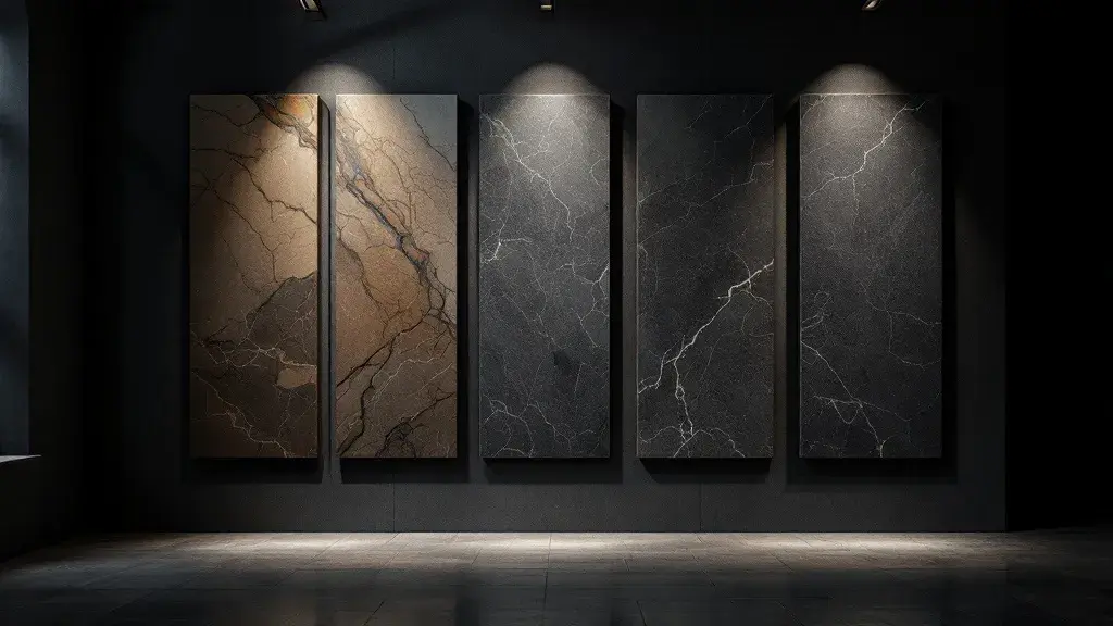 An illuminated wall of natural stone samples